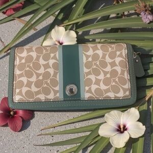 Coach Heritage Stripe Chelsea Zip Around Wallet Signature C & Teal